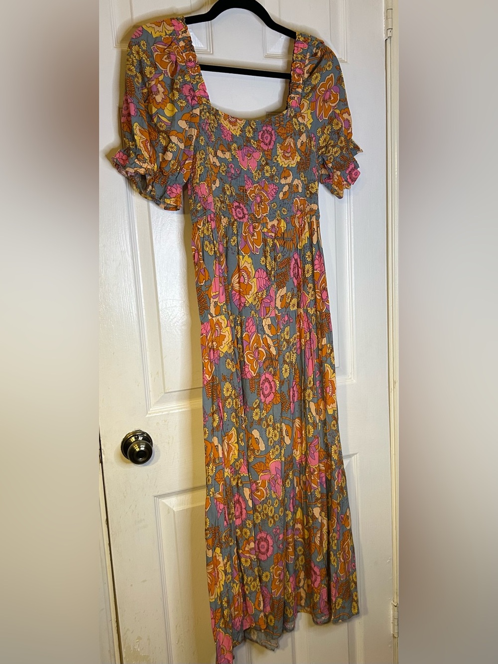Smocked Floral Maxi Dress in Gray with Pink & Gold Floral Print - Size Medium